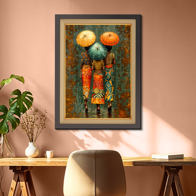 African Ladies With Umbrella Wood Print Wall Art 18x23 Inches