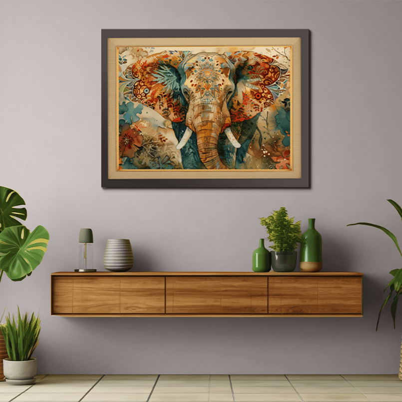 Traditional and Auspicious Elephant Wood Print Wall Art 23x17.5 Inches