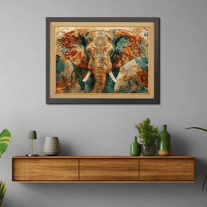 Traditional and Auspicious Elephant Wood Print Wall Art 23x17.5 Inches