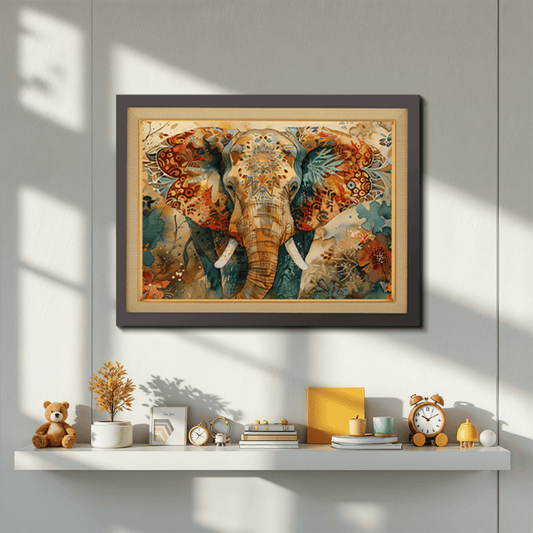 Traditional and Auspicious Elephant Wood Print Wall Art 23x17.5 Inches