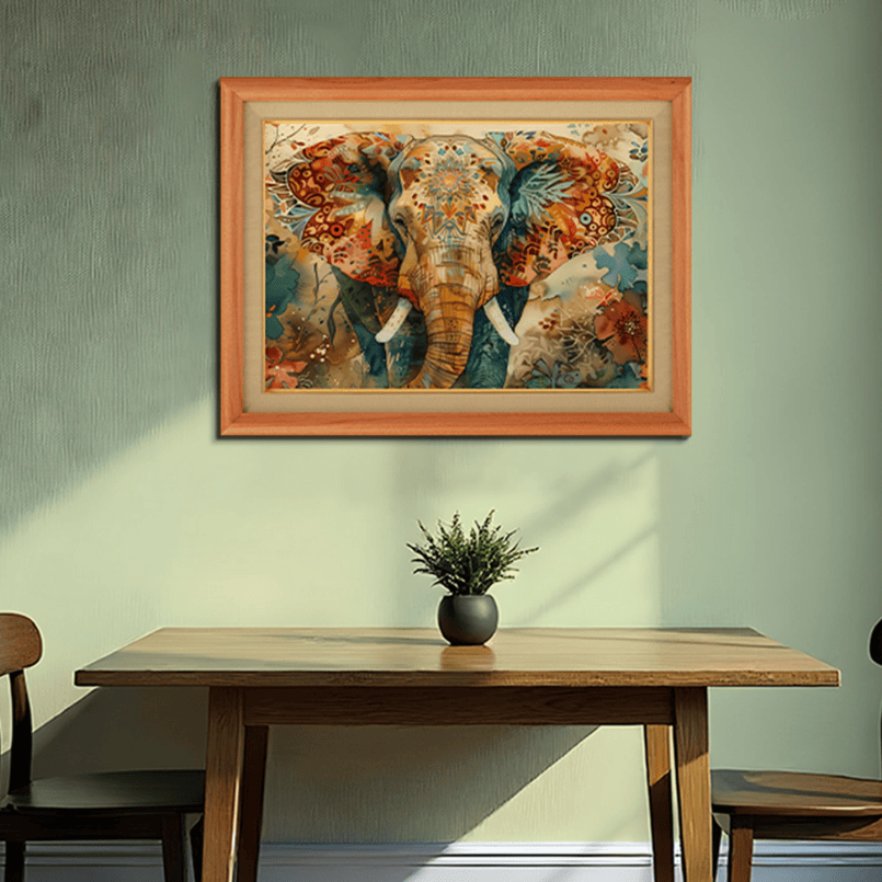 Traditional and Auspicious Elephant Wood Print Wall Art 23x17.5 Inches