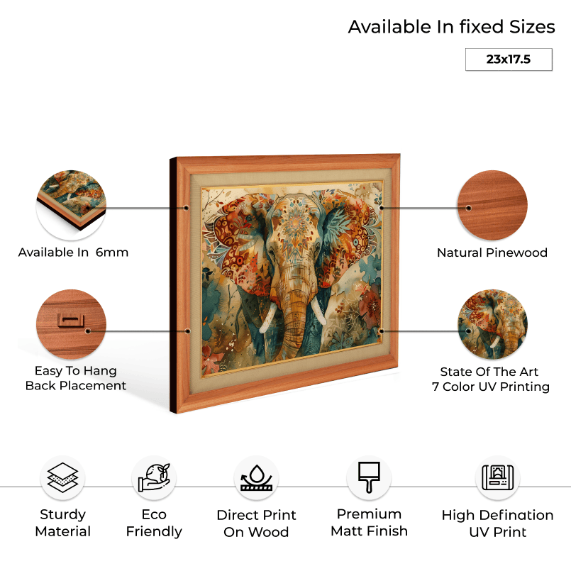 Traditional and Auspicious Elephant Wood Print Wall Art 23x17.5 Inches