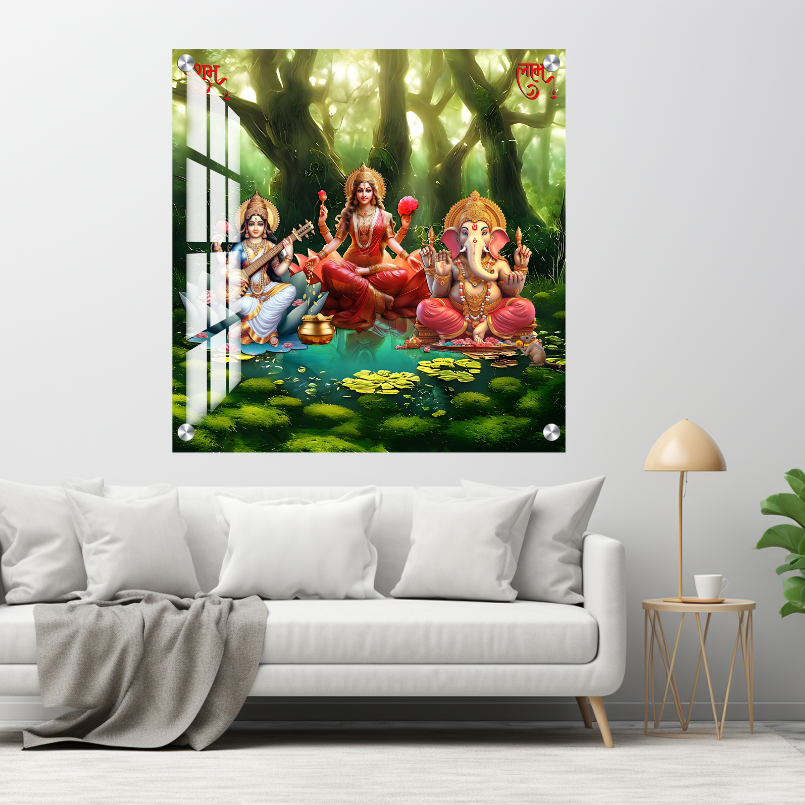 Maa Laxami With Saraswati And Ganessha Wood Print Wall Art