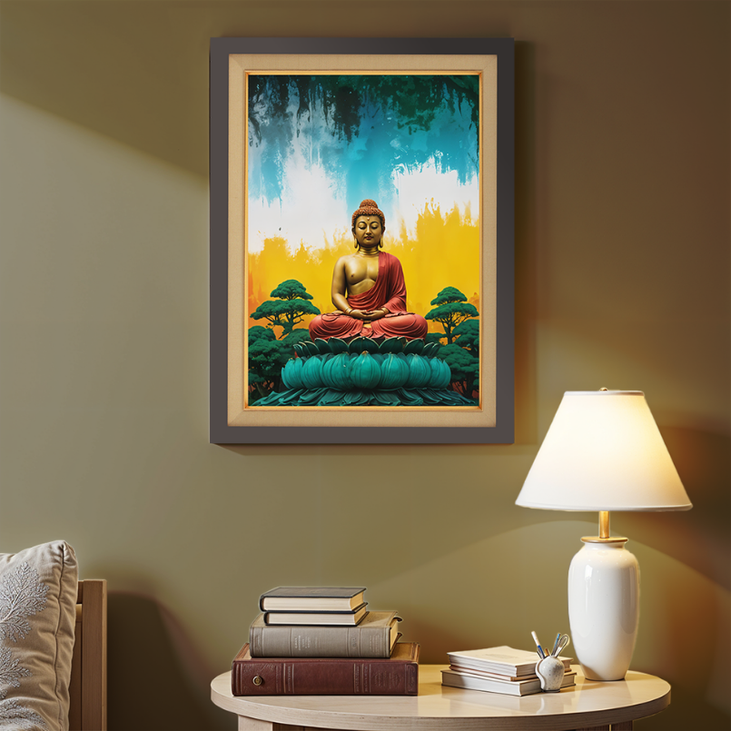 Buddha Chanting With Colorful Background Wood Print Wall Art 18x23 Inches