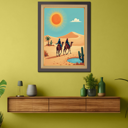 Camel Caravan With Riders In Jaisalmer Desert Wood Print Wall Art 18x23 Inches