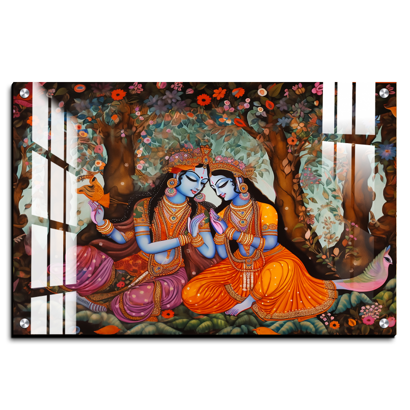 Radha Krishna  and Colorful Flowers Wood Print Wall Art