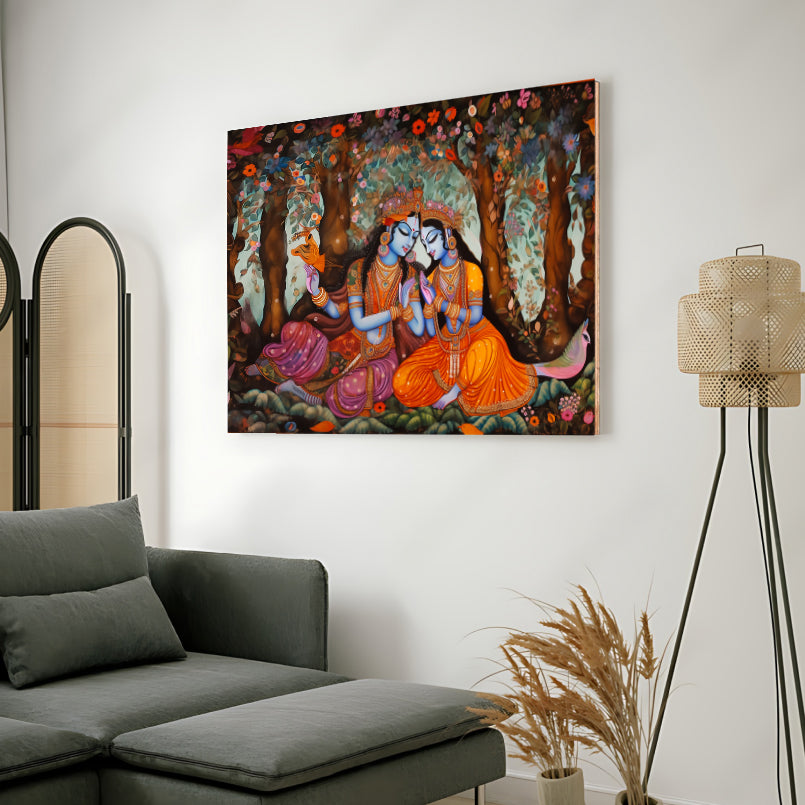 Radha Krishna  and Colorful Flowers Wood Print Wall Art