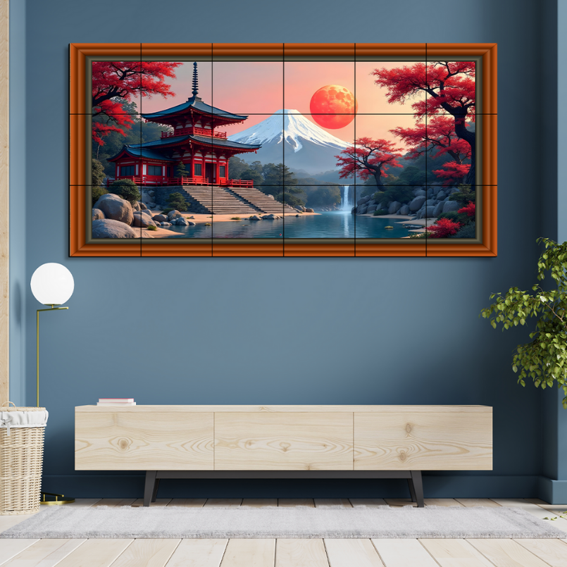 Japanese Temple With Sun Rise Wood Print Wooden Luxury Wall Tiles Set