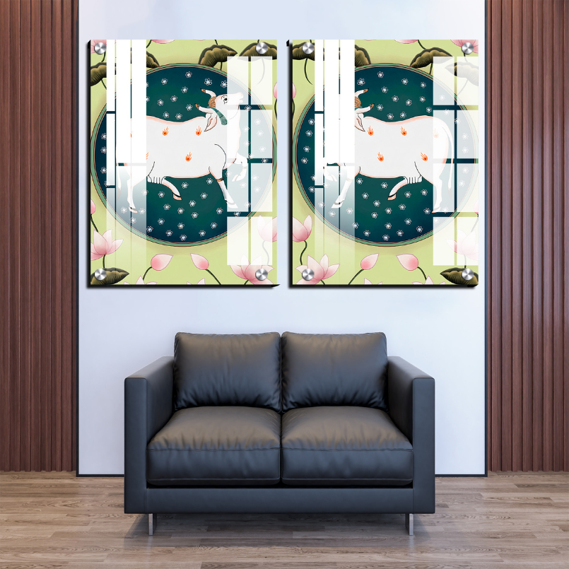 Set Of 2 Cow and Lotus Pichwai Wood Print Wall Art