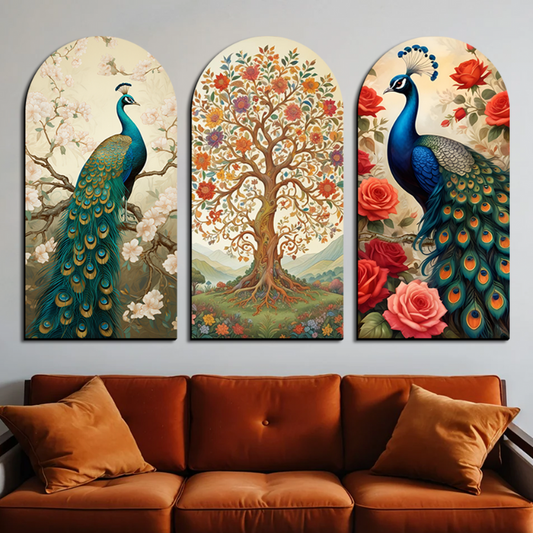 Set of 3 Peacock and Tree Wood Print Wall Art