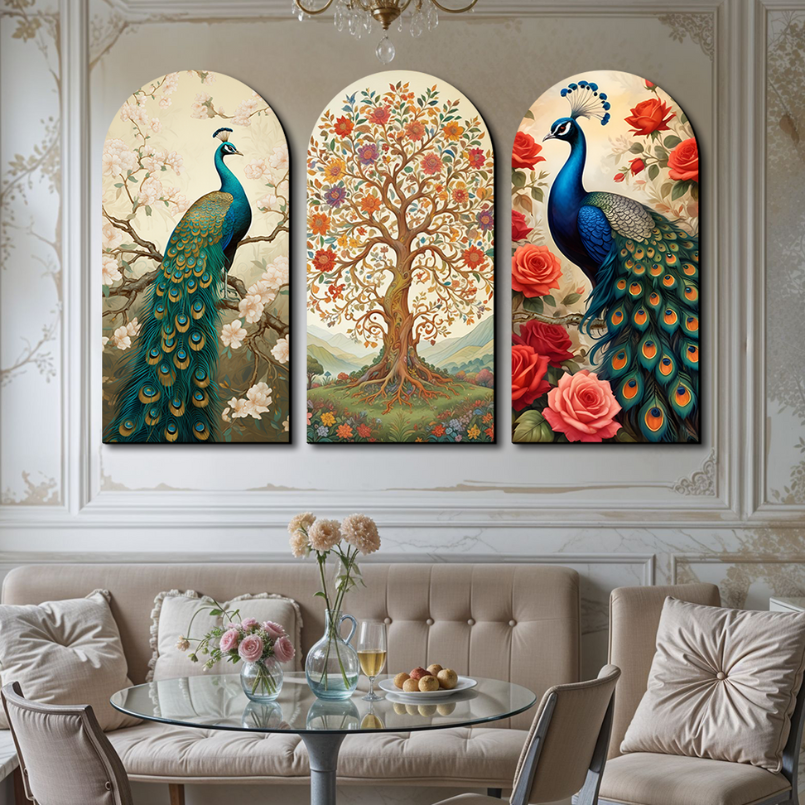 Set of 3 Peacock and Tree Wood Print Wall Art