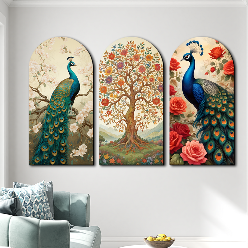 Set of 3 Peacock and Tree Wood Print Wall Art