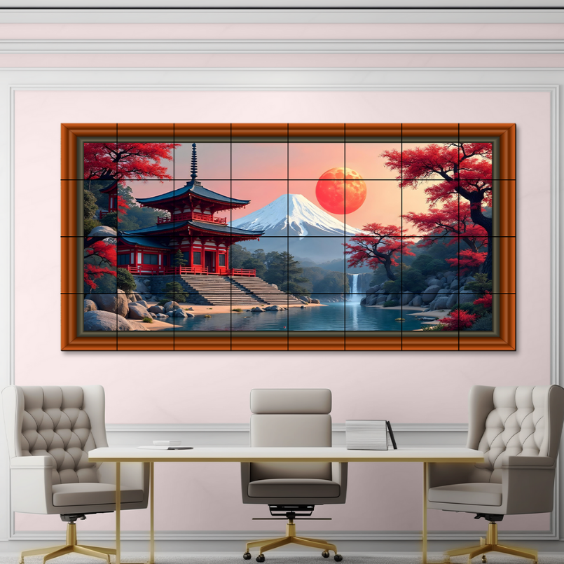 Japanese Temple With Sun Rise Wood Print Wooden Luxury Wall Tiles Set