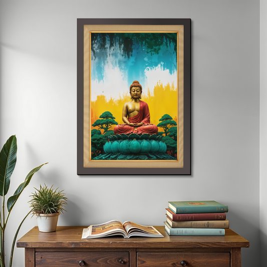 Buddha Chanting With Colorful Background Wood Print Wall Art 18x23 Inches