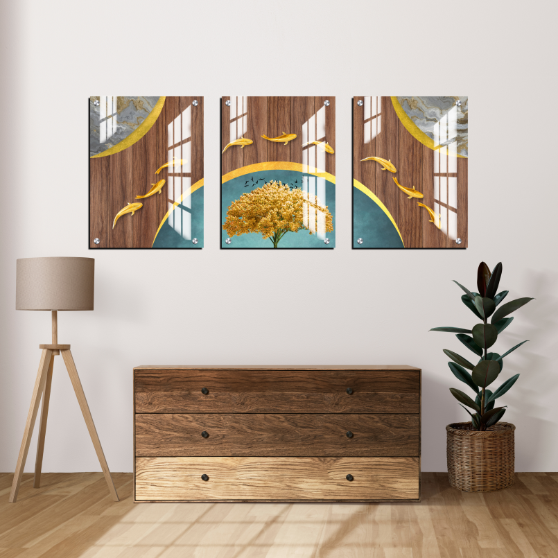 Lucky Gold Fishes Wood Print Wall Art Set of 3