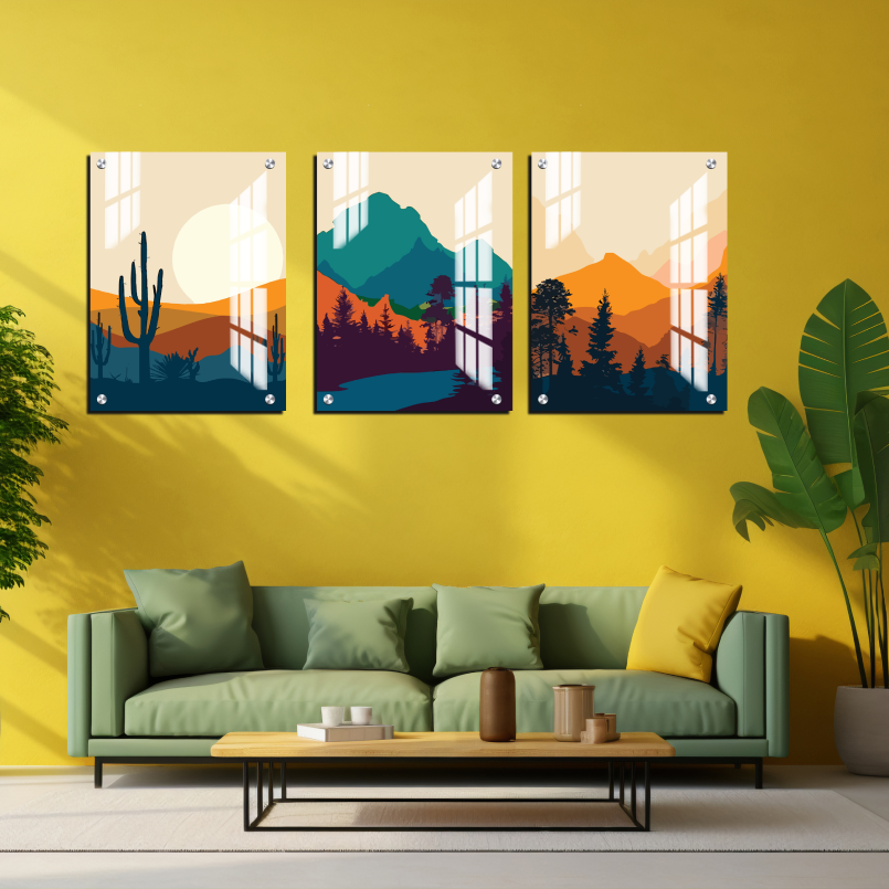 Abstract Landscape Wood Print Wall Art Set of 3