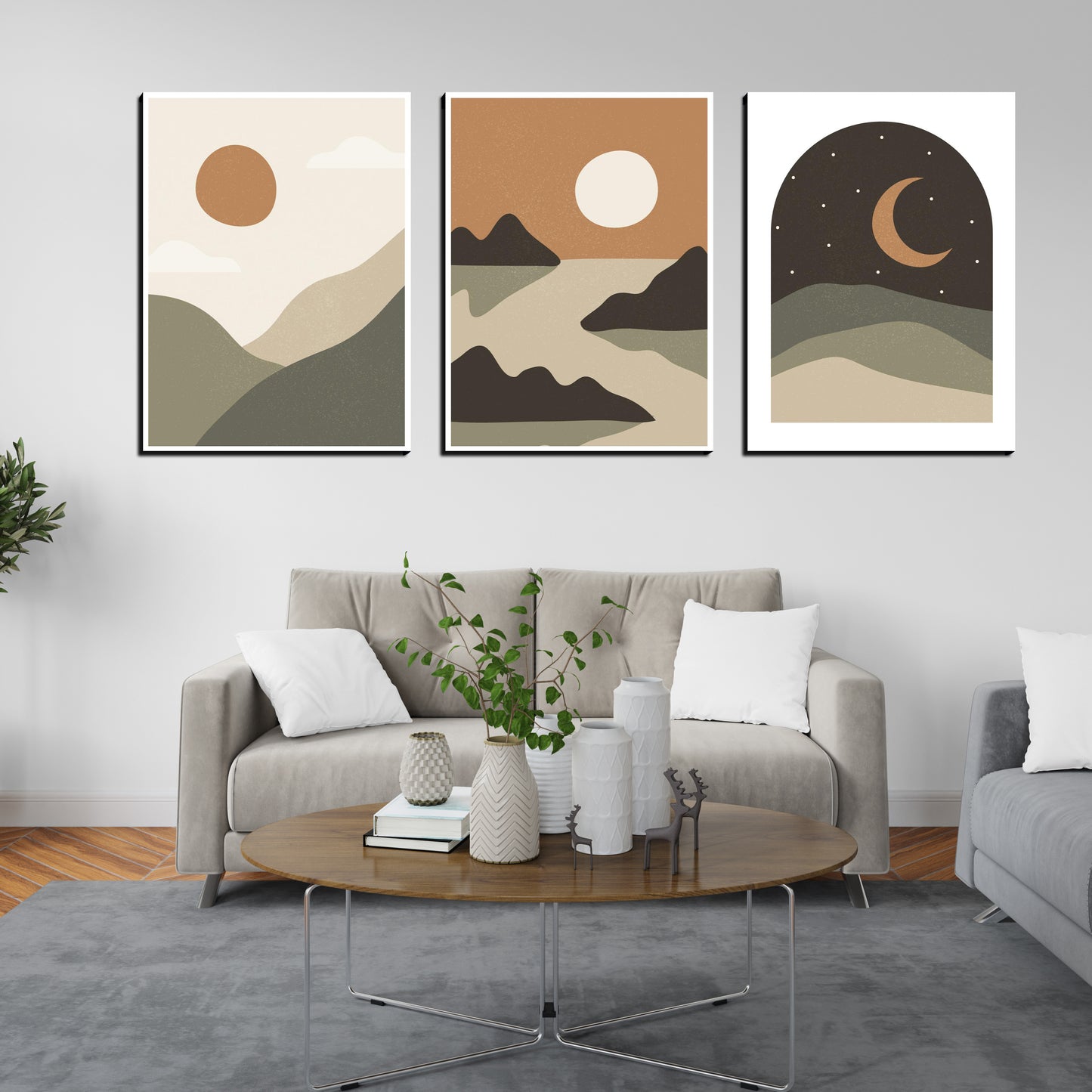 Moon Phase Boho Wood Print Wall Art Set of 3