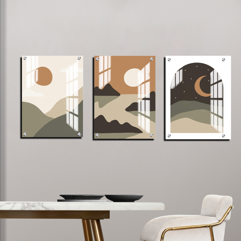 Moon Phase Boho Wood Print Wall Art Set of 3