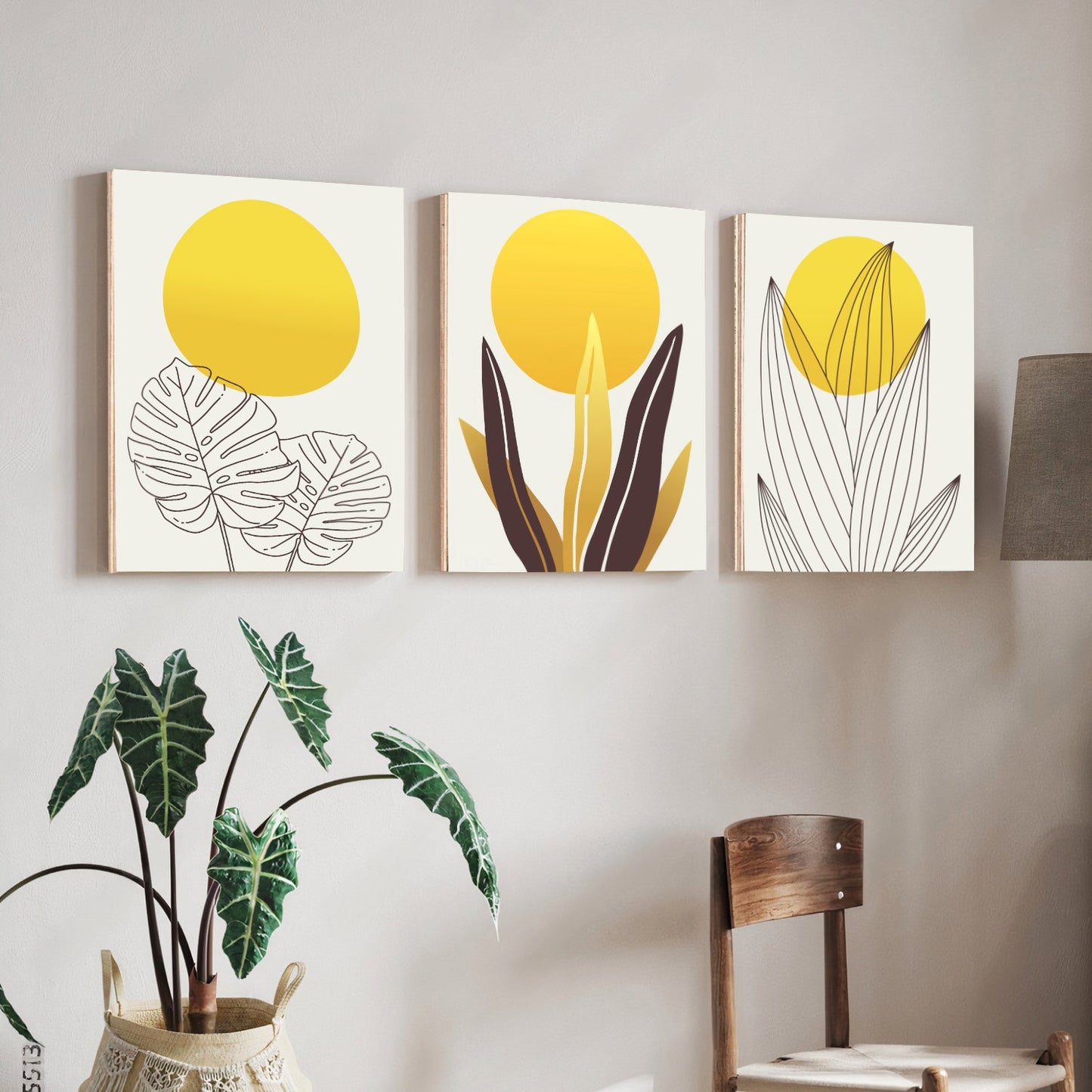 Yellow Botanical Wood Print Wall Art Set of 3