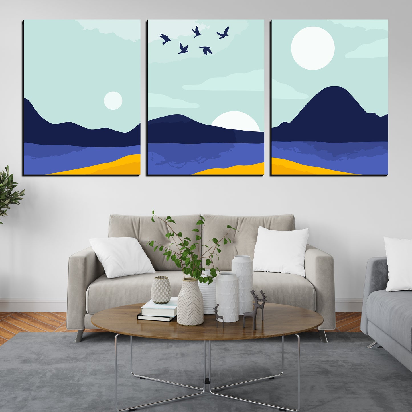 Mountains and Ocean Abstract Wood Print Wall Art Set of 3