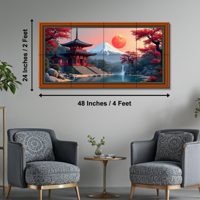 Japanese Temple With Sun Rise Wood Print Wooden Luxury Wall Tiles Set