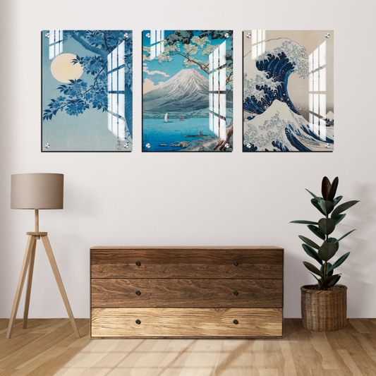 Nature Landscape Blue Wood Print Wall Art Set of 3