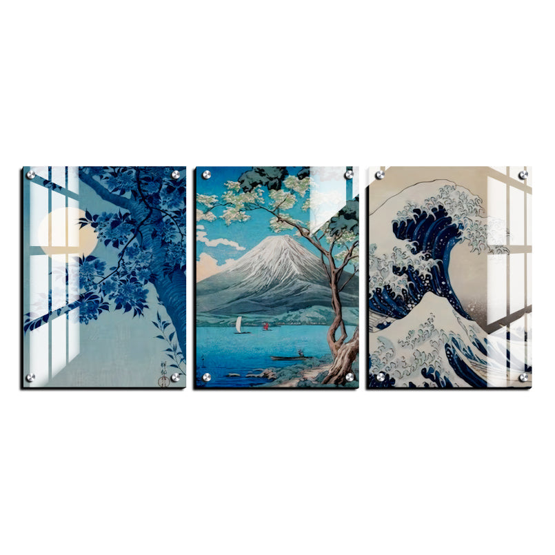 Nature Landscape Blue Wood Print Wall Art Set of 3