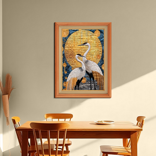 Two Cranes & Full Moon Wood Print Wall Art 18x23 Inches