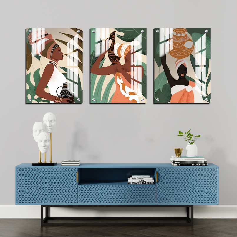 Tribal Women Boho Wood Print Wall Art Set of 3