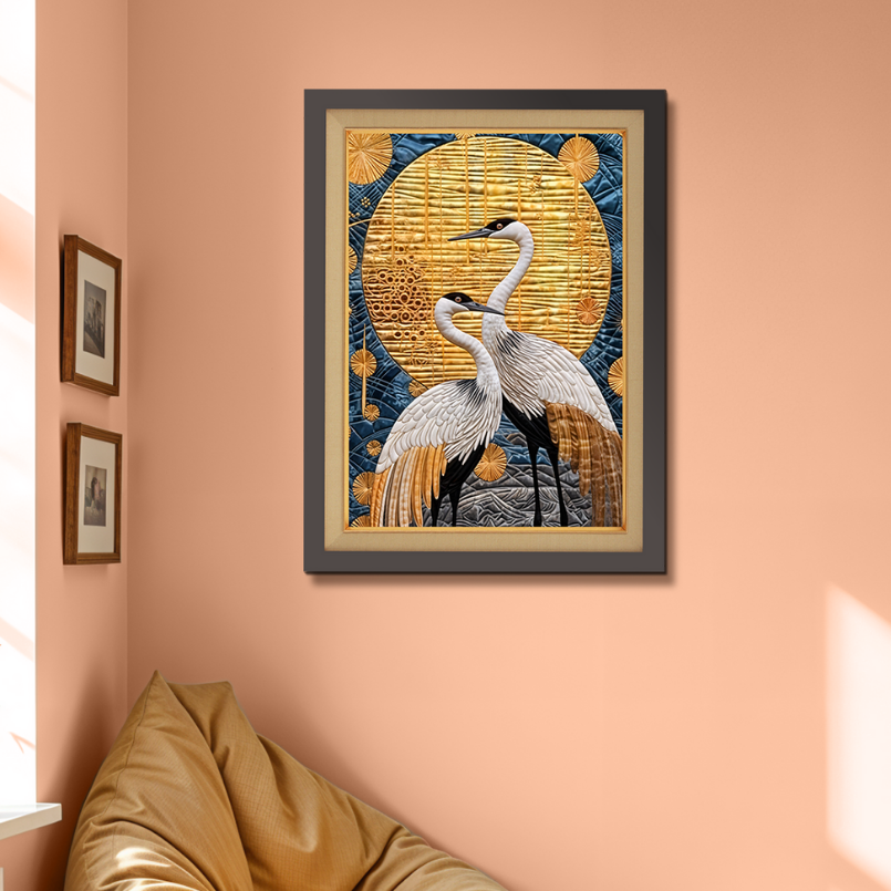 Two Cranes & Full Moon Wood Print Wall Art 18x23 Inches