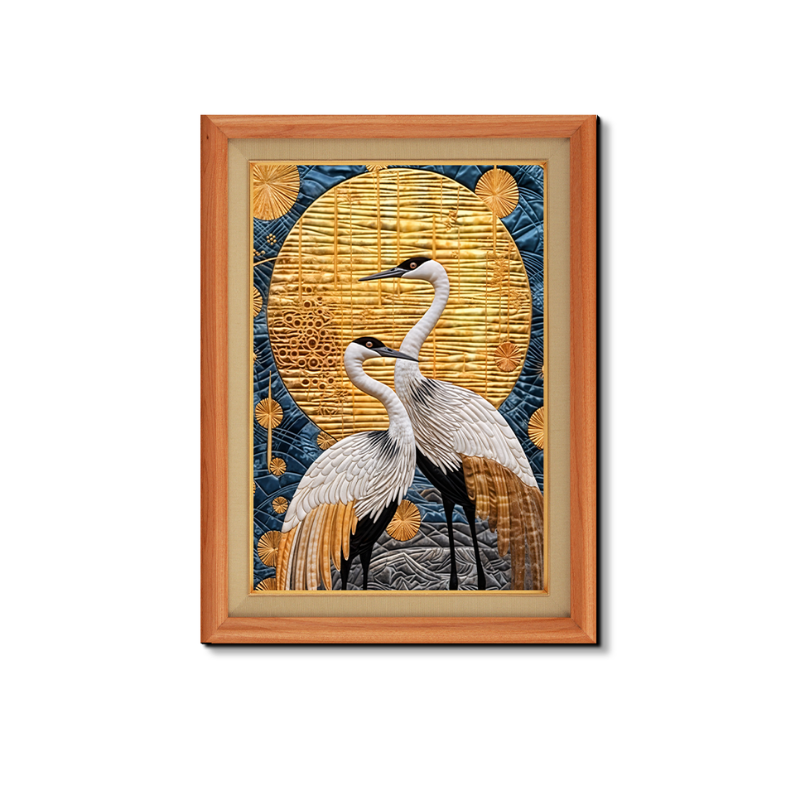 Two Cranes & Full Moon Wood Print Wall Art 18x23 Inches