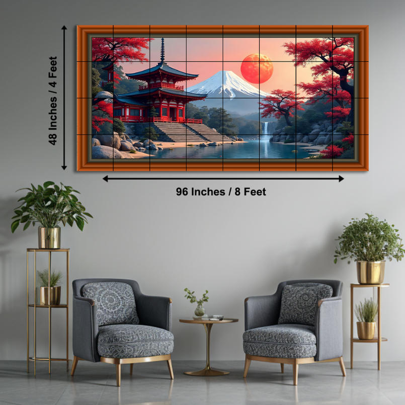 Japanese Temple With Sun Rise Wood Print Wooden Luxury Wall Tiles Set