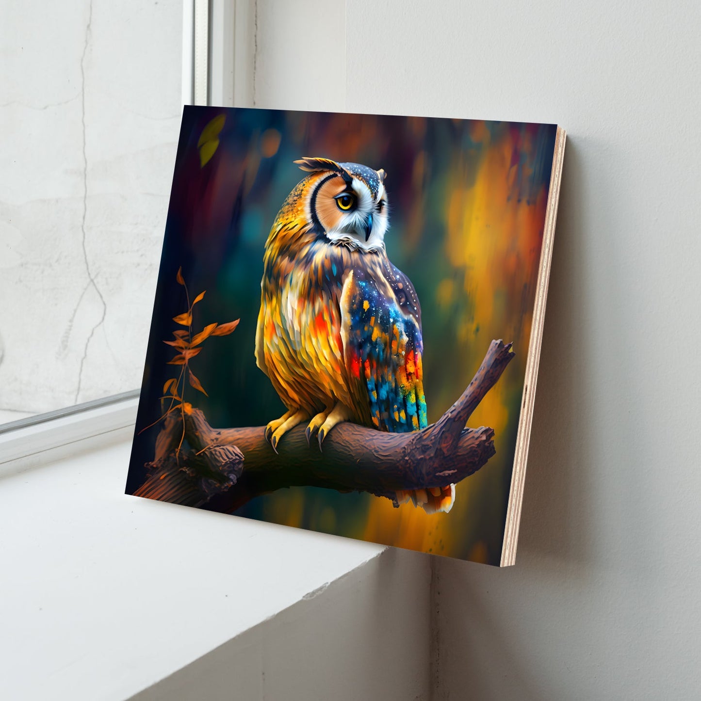 Owl Sitting on Branch Wood Print Wall Art