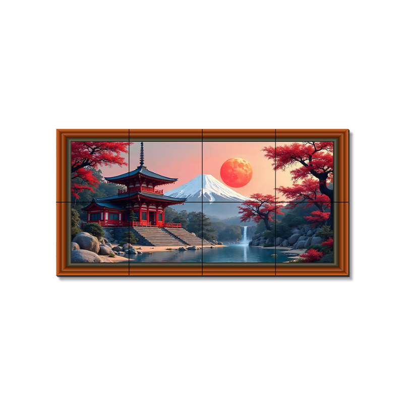 Japanese Temple With Sun Rise Wood Print Wooden Luxury Wall Tiles Set