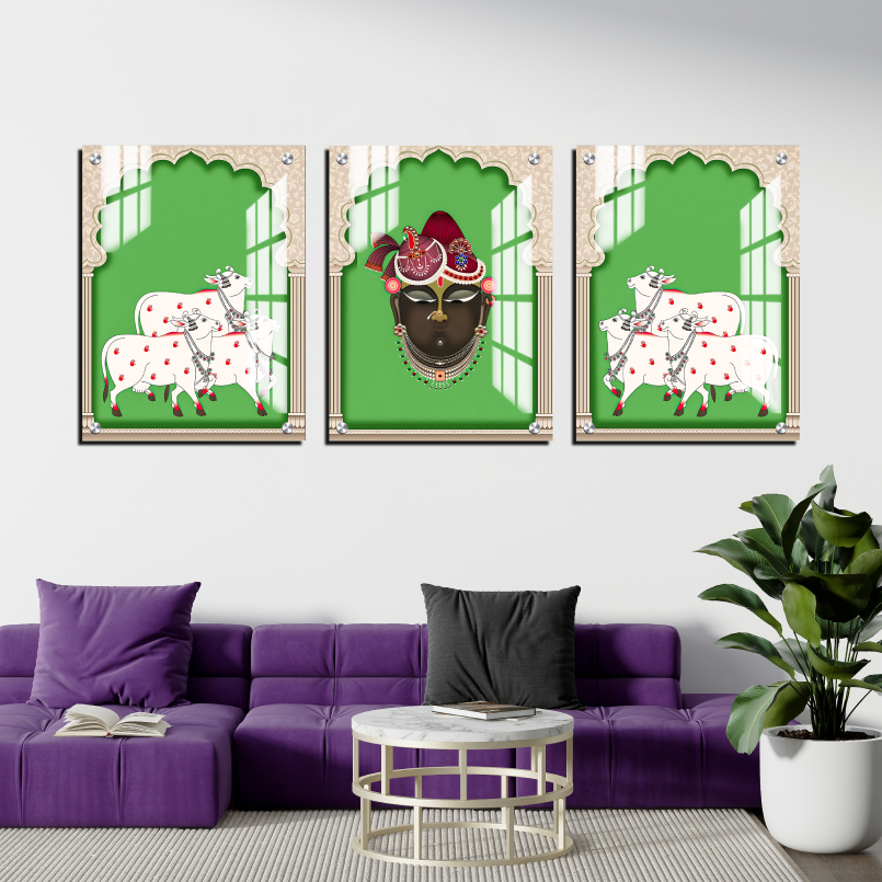 Set of 3 Shrinath Ji and Cow Pichwai Wood Print Wall Art