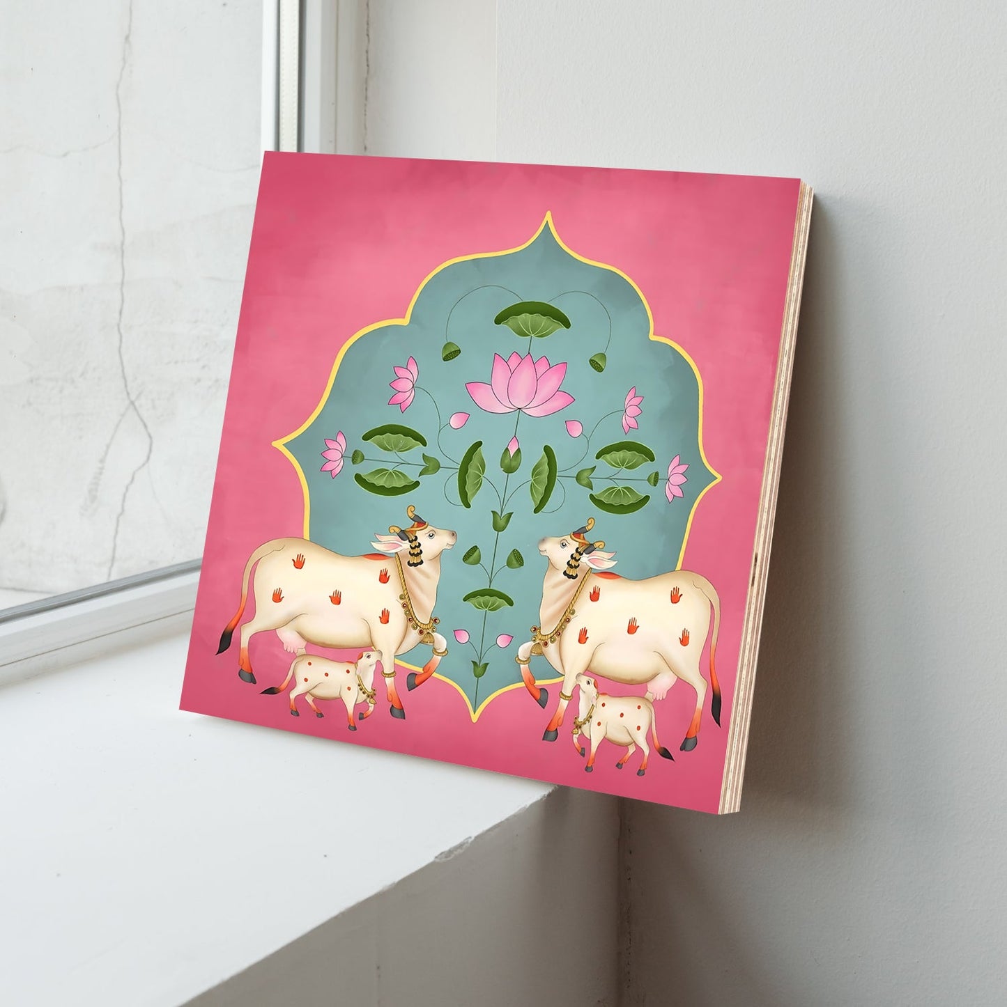 Sacred Cows Pink Pichwai Wood Print Wall Art Pink