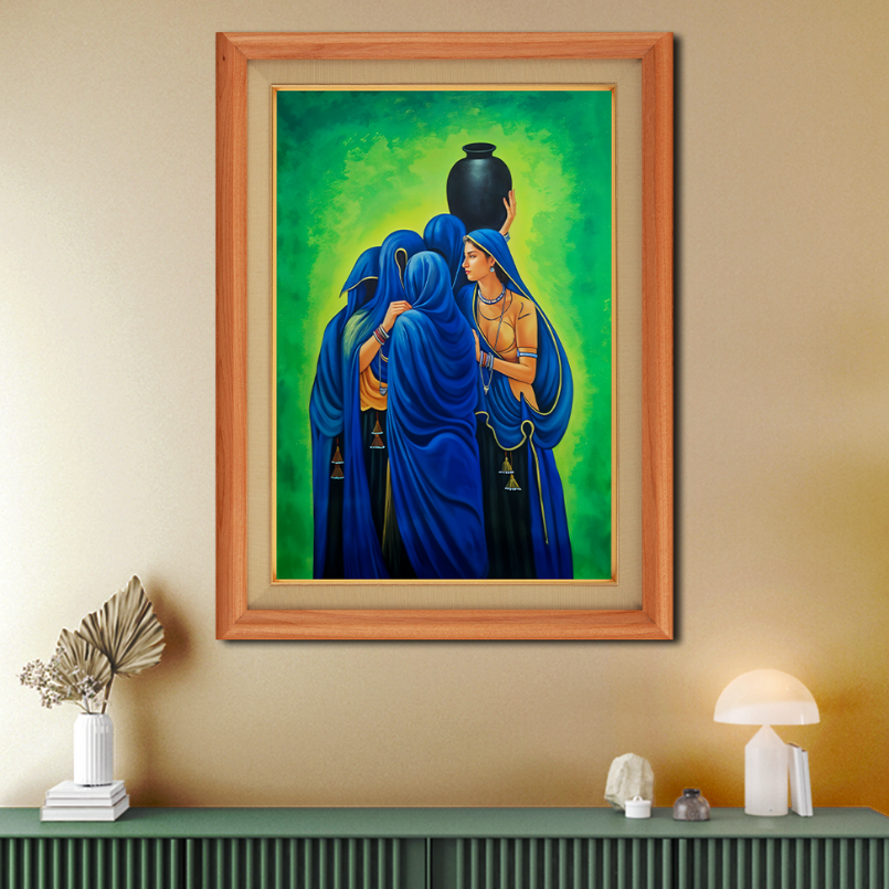 Indian Village Women Wood Print Wall Art 18x23 Inches