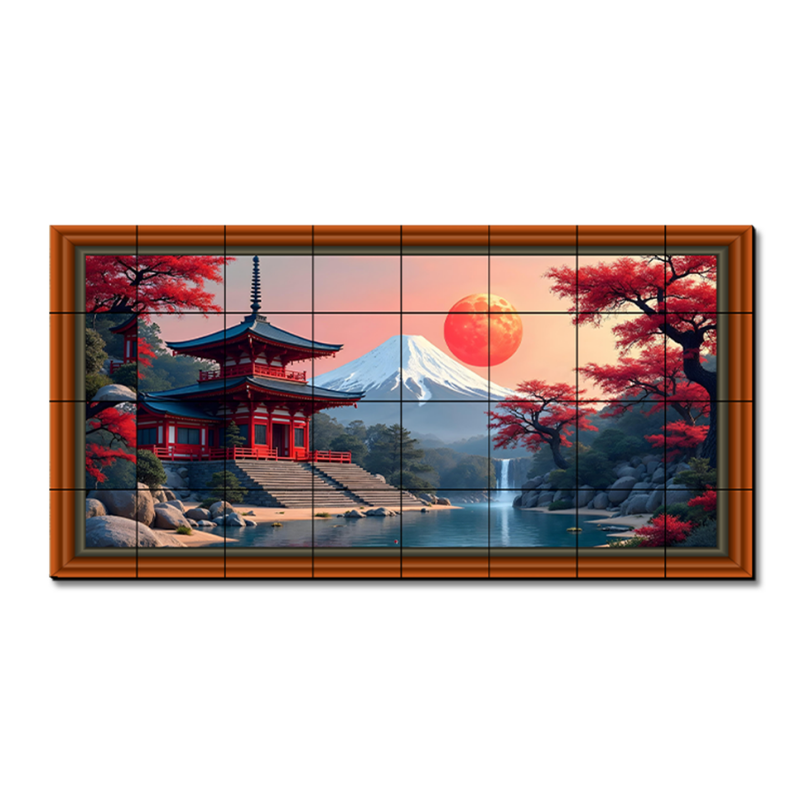 Japanese Temple With Sun Rise Wood Print Wooden Luxury Wall Tiles Set