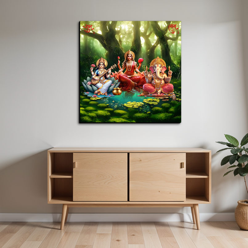 Maa Laxami With Saraswati And Ganessha Wood Print Wall Art