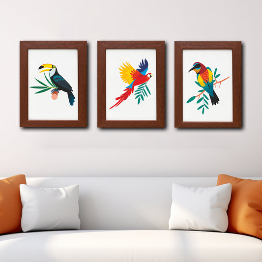 Beautiful Birds With Brown Printed Wood and Acrylic Print Wall Art Set of 3