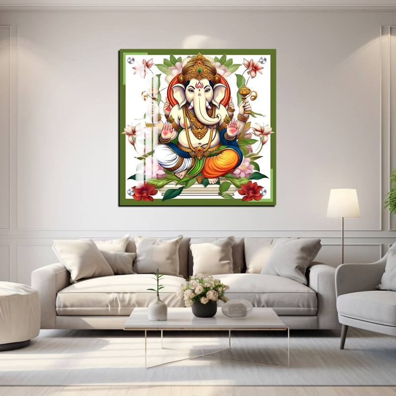 Ganesh Ji With Lotus Colorful Wood Print Wall Art