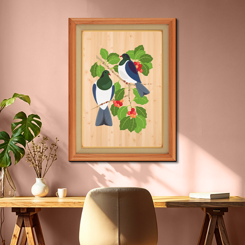 Two Pigeon On Bamboo Veneer Wood Print Wall Art 18x23 Inches