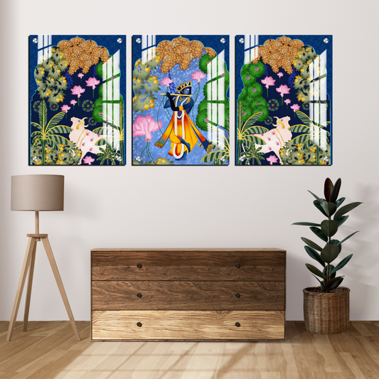 Set of 3 Krishna Ji Pichwai Wood Print Wall Art