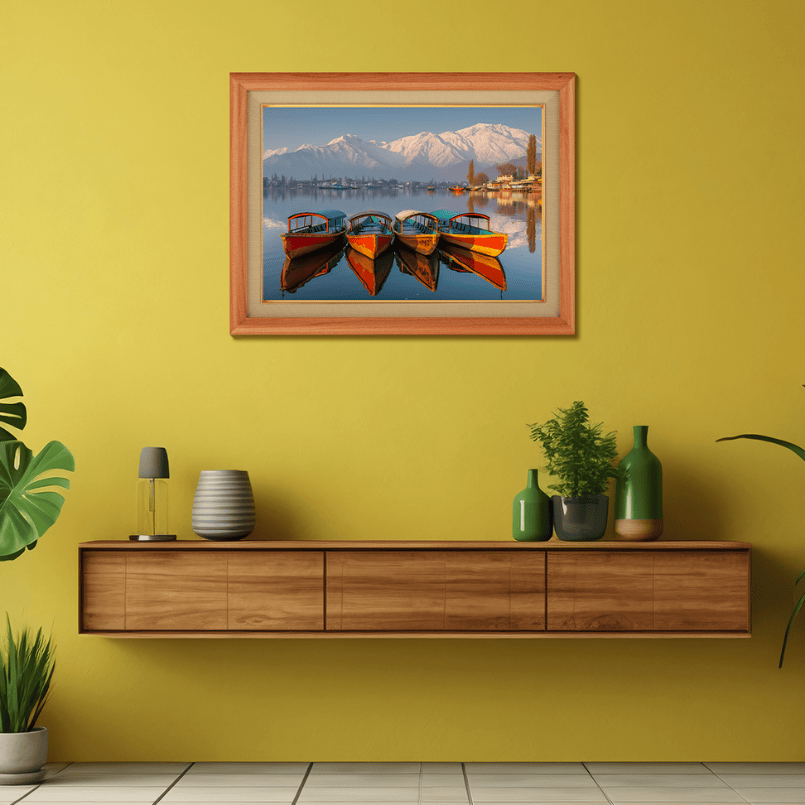 Beautiful Boats At Dal Lake Kashmir Wood Print Wall Art 23x17.5 Inches