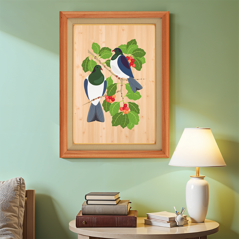 Two Pigeon On Bamboo Veneer Wood Print Wall Art 18x23 Inches