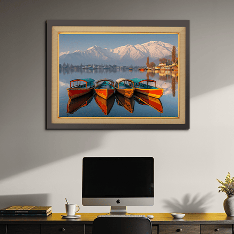 Beautiful Boats At Dal Lake Kashmir Wood Print Wall Art 23x17.5 Inches