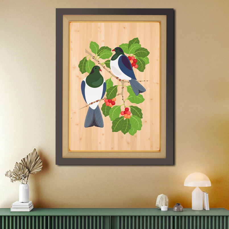 Two Pigeon On Bamboo Veneer Wood Print Wall Art 18x23 Inches