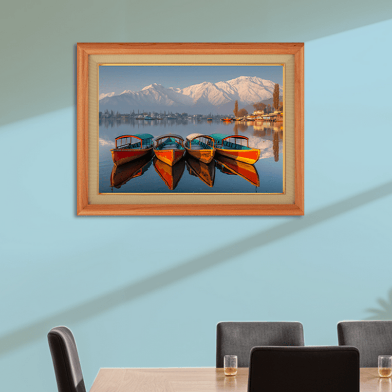 Beautiful Boats At Dal Lake Kashmir Wood Print Wall Art 23x17.5 Inches