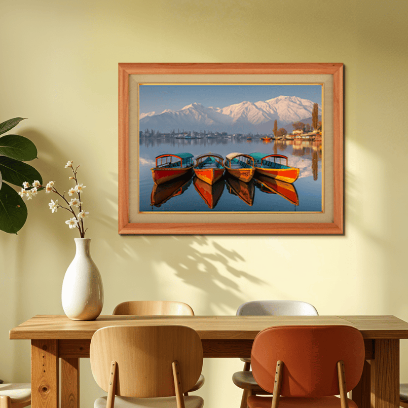 Beautiful Boats At Dal Lake Kashmir Wood Print Wall Art 23x17.5 Inches