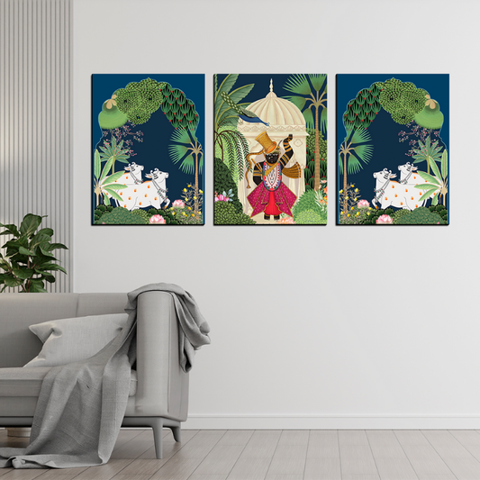 Set of 3 Shrinath Ji Pichwai Cow Wood Print Wall Art